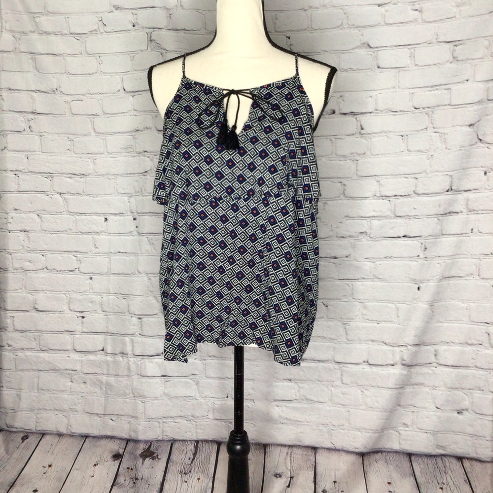 Old Navy Black Dot Spaghetti Strap Tassel Tank Top Flutter Yoke Large